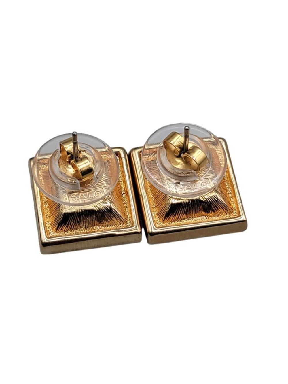 Swarovski Sal Signed Black Crystal Grid Square Post Earrings Gold Plated Studs - Picture 6 of 13